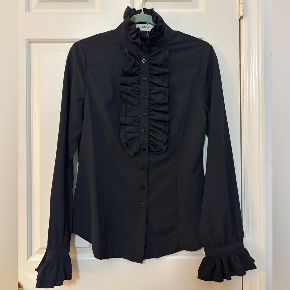 NWT Black Victorian Ruffle Button Down - Picture 3 of 7